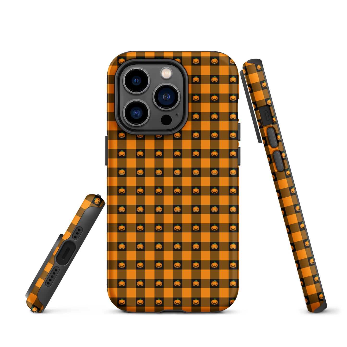 Phone Case with playful pumpkin gingham Halloween design for iPhone, featuring jack-o’-lantern faces on a bold checkered pattern.