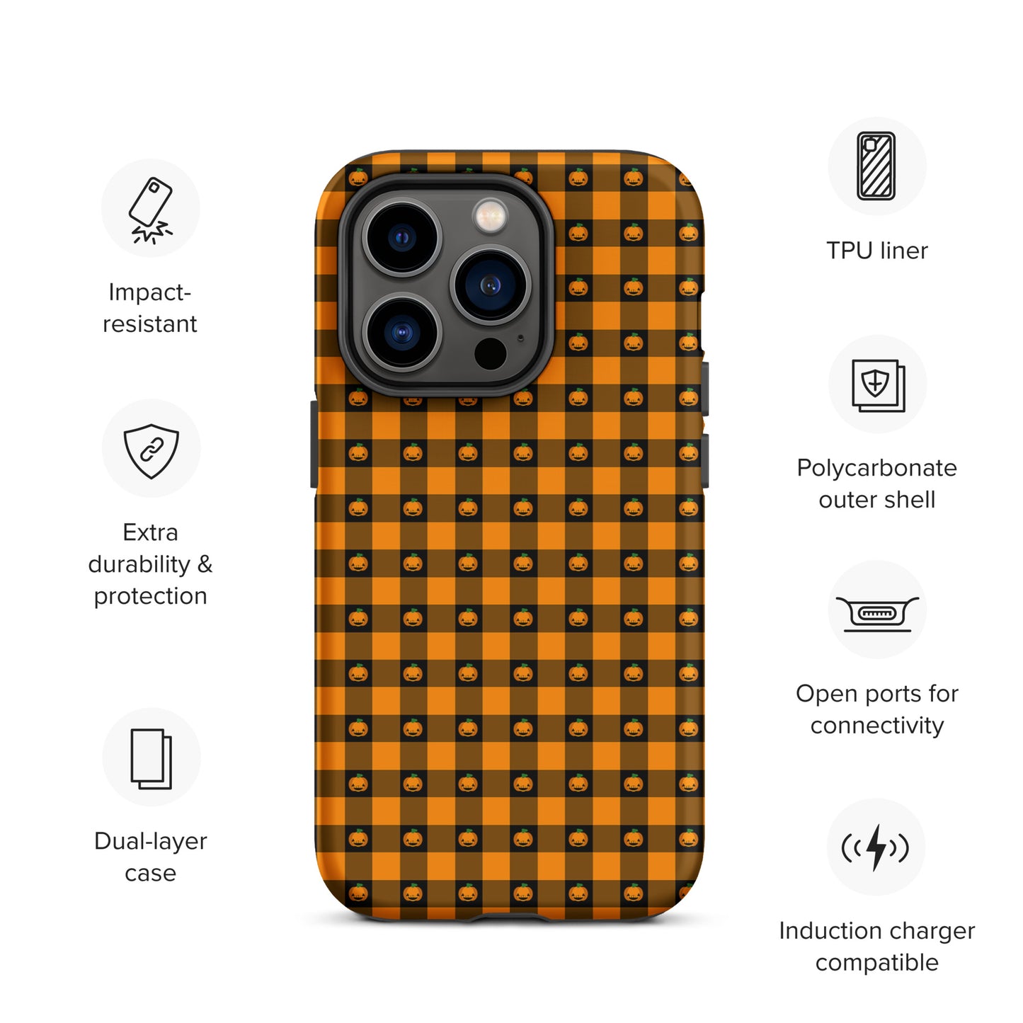 Phone Case for iPhone with playful pumpkin gingham Halloween design, impact-resistant, dual-layer, polycarbonate shell.