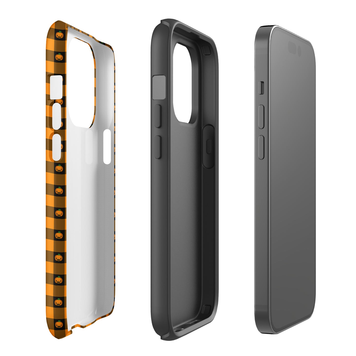 Phone Case for iPhone with playful pumpkin gingham Halloween design featuring smiling jack-o-lanterns.