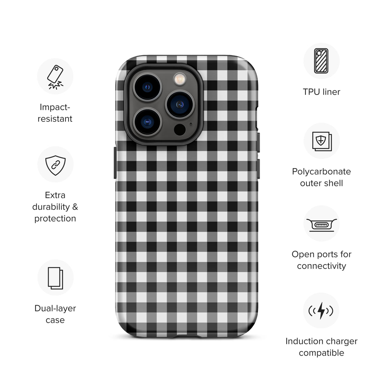 Phone Case for iPhone with black and white gingham pattern, showcasing durability and stylish design features for impact protection.