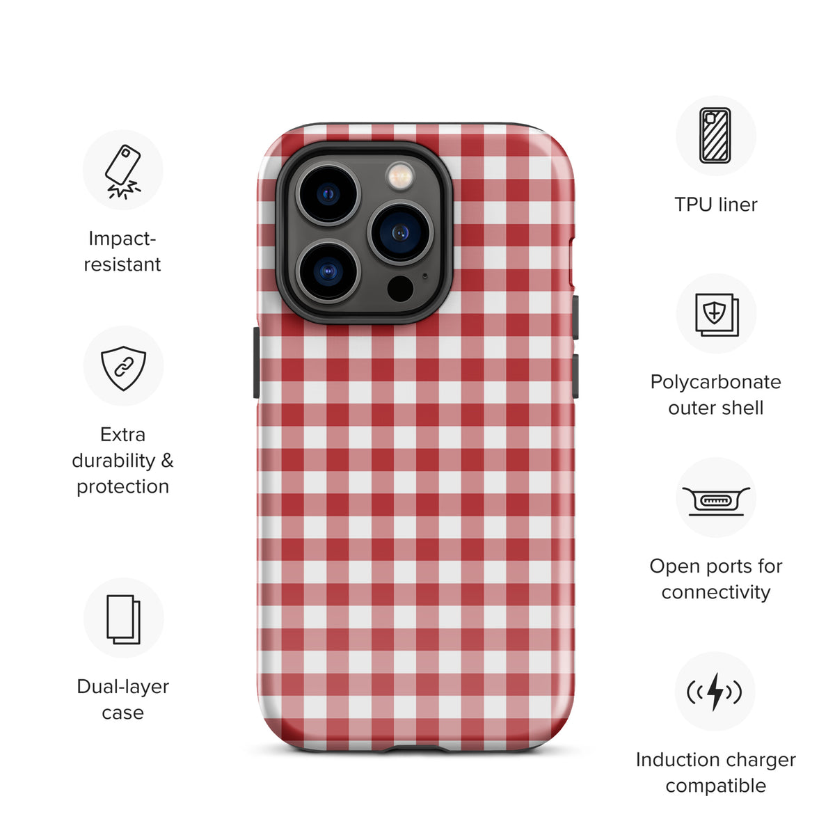 Phone Case for iPhone with classic red and white gingham pattern, featuring durability and impact resistance, dual-layer protection.