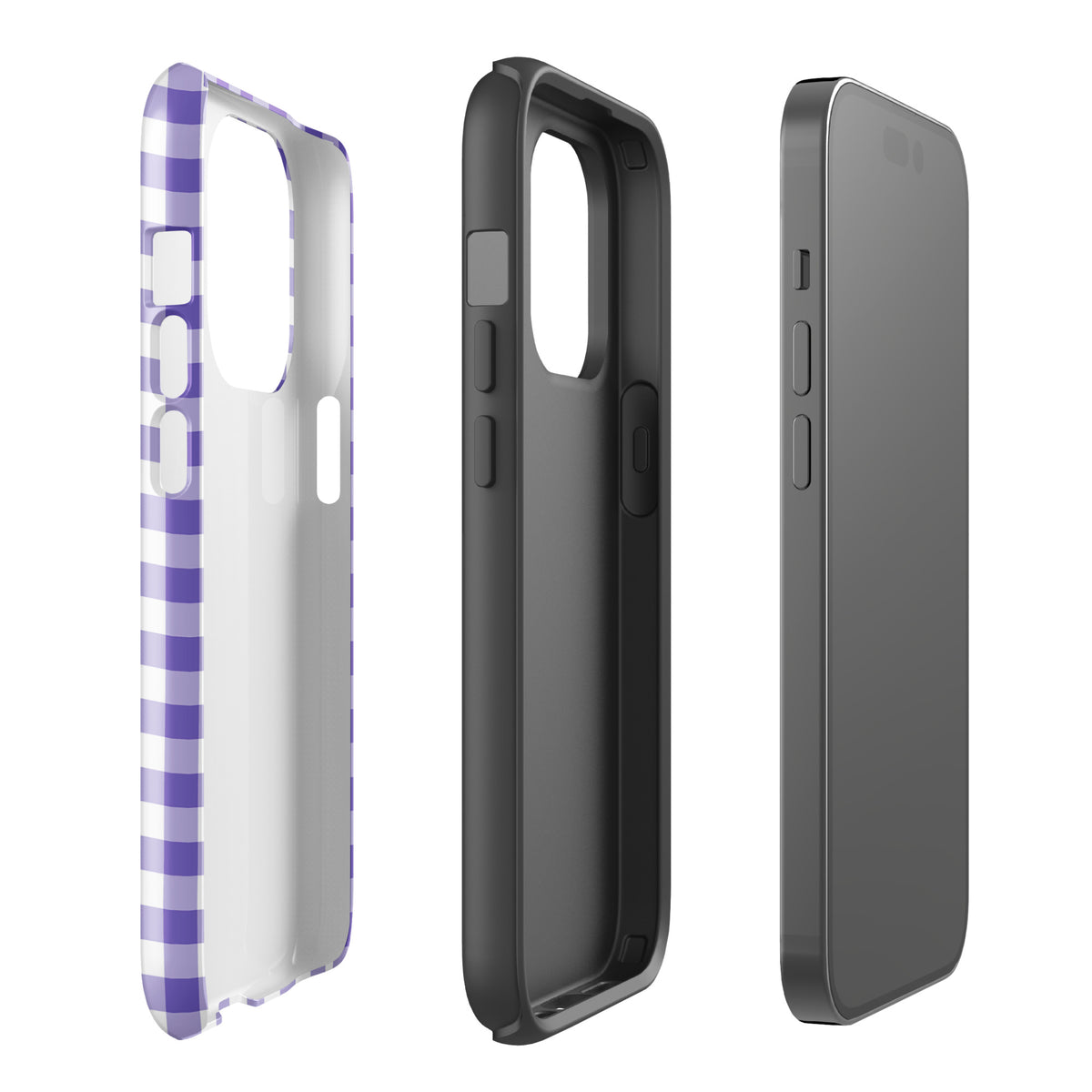 Phone Case with purple gingham pattern for iPhone showcasing style and protection in three views, open and side angles.