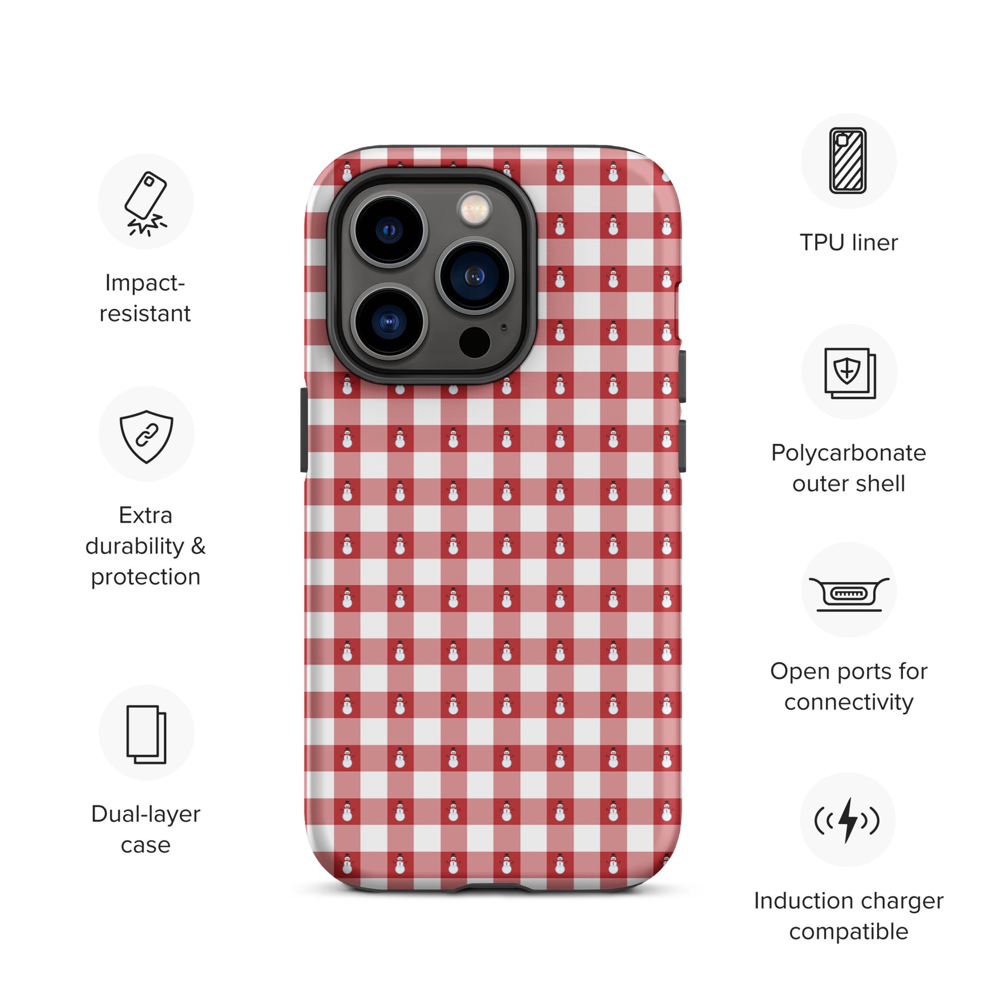 Phone Case for iPhone with snowman gingham winter design, impact-resistant, dual-layer, polycarbonate shell, induction compatible.