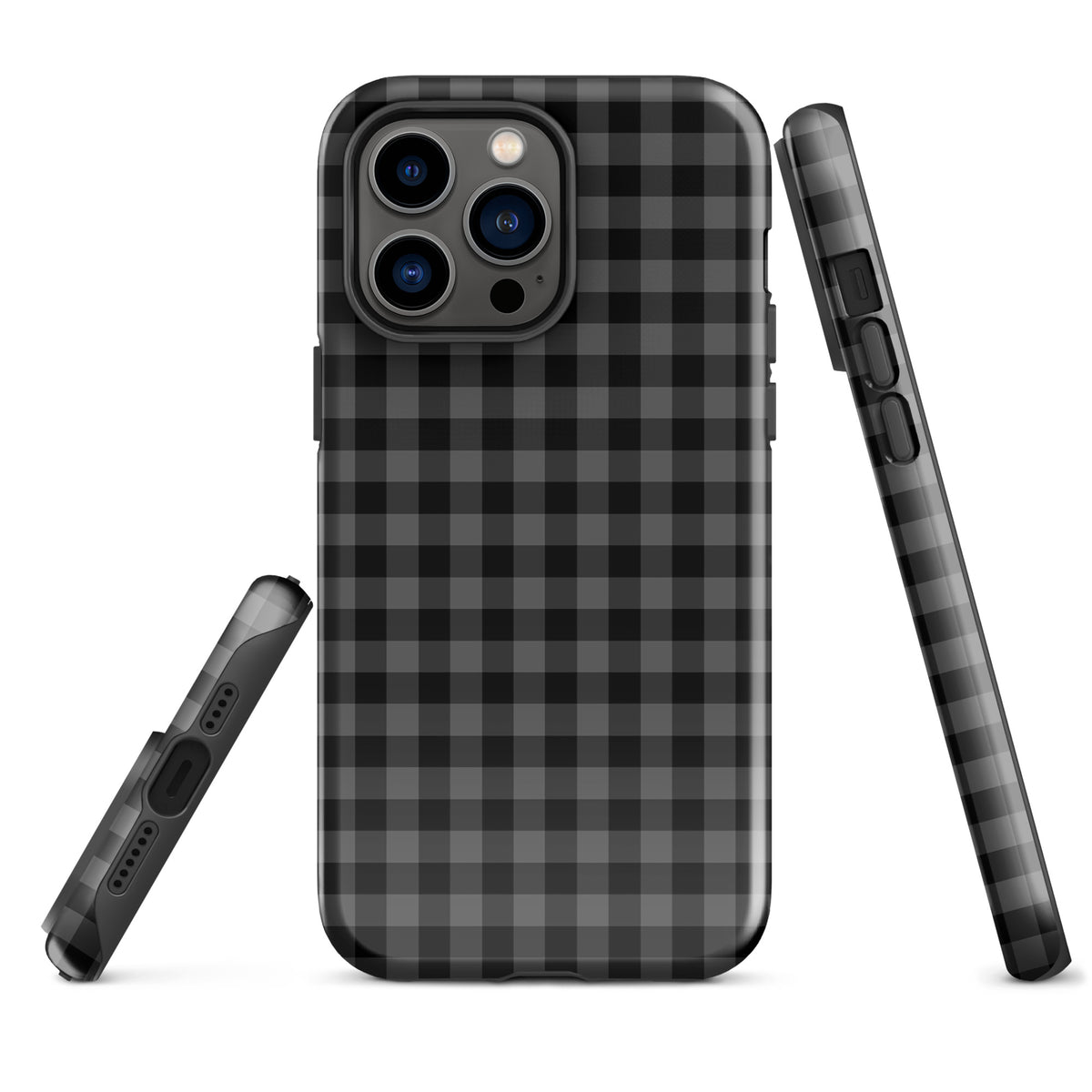 Phone Case for iPhone with black gingham pattern, modern style and durable protection in black and charcoal.