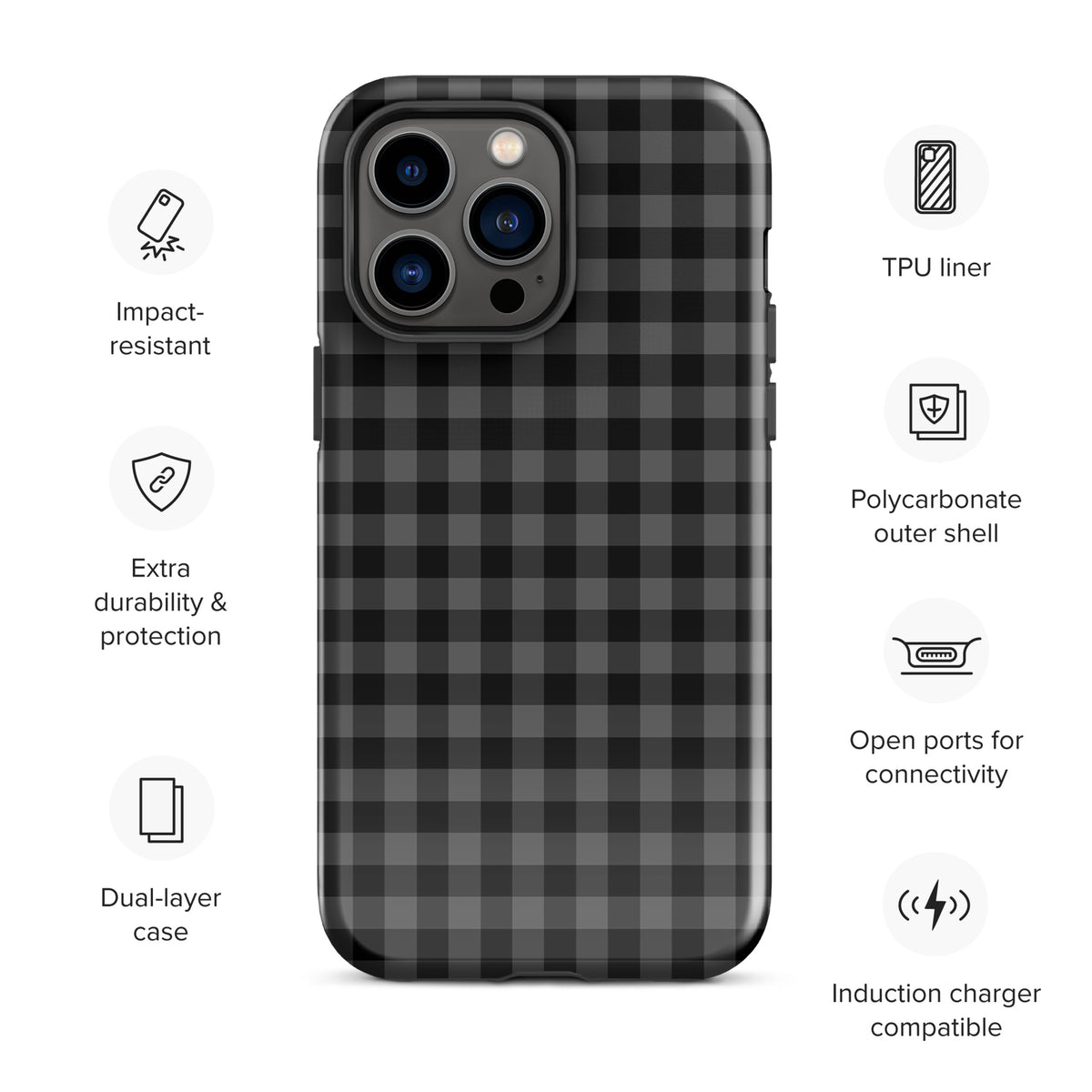 Phone Case for iPhone in black-and-charcoal gingham pattern with impact-resistant features and open ports for connectivity.