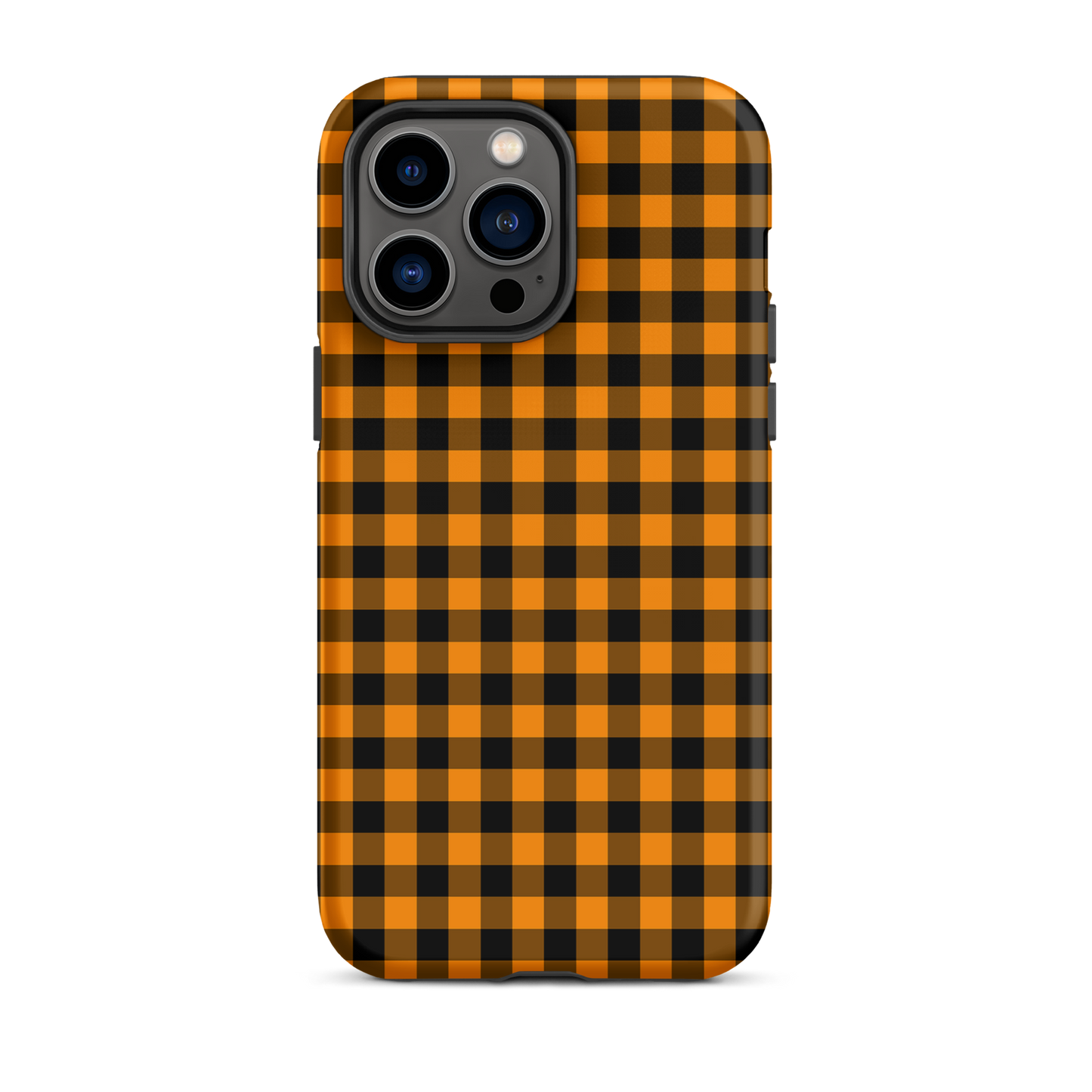 Black-and-orange gingham autumn theme phone case for iPhone, stylish and durable design.