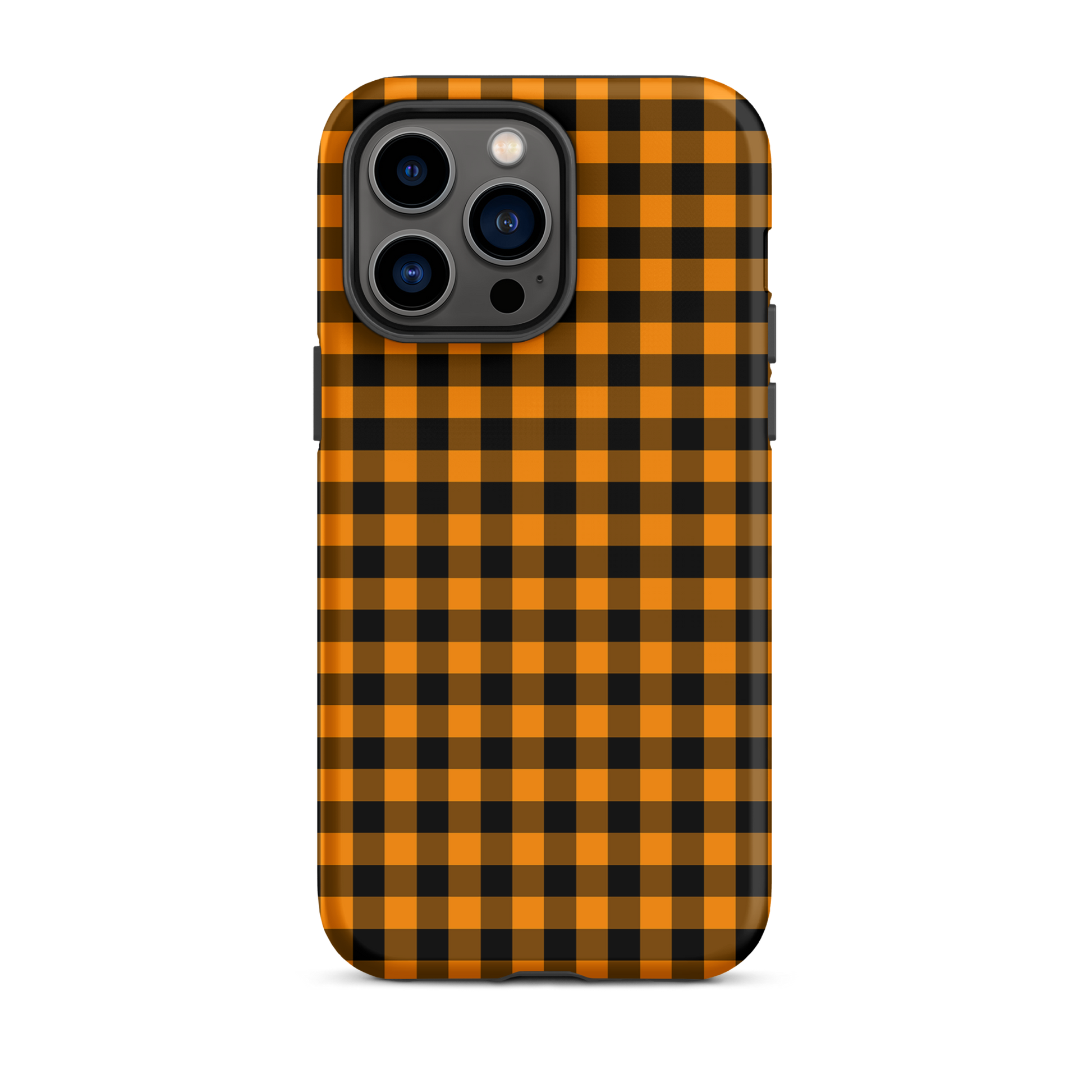 Black-and-orange gingham autumn theme phone case for iPhone, stylish and durable design.