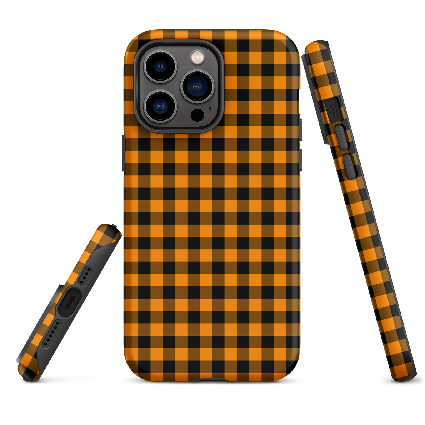 Black-and-orange gingham phone case for iPhone with autumn theme, stylish and durable design.
