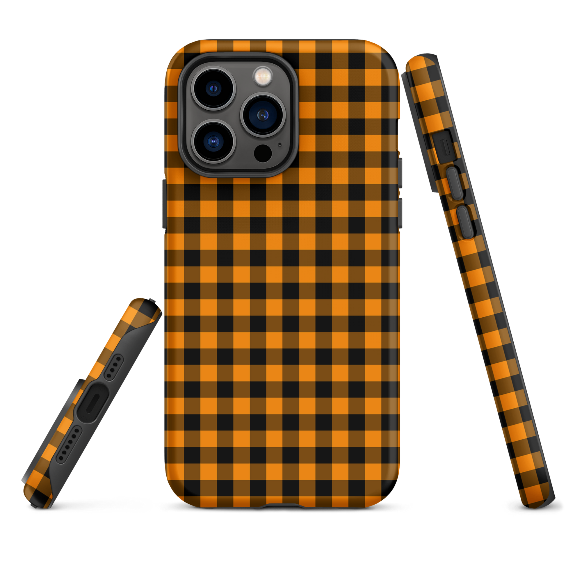 Black-and-orange gingham phone case for iPhone with autumn theme, stylish and durable design.