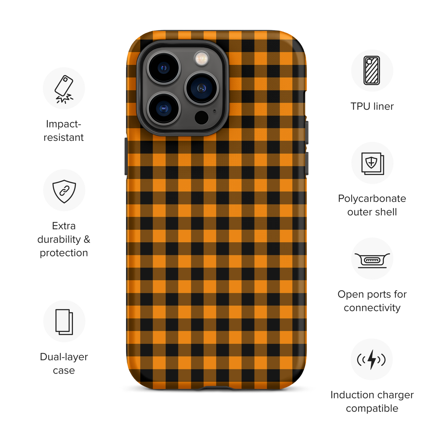 Black-and-orange gingham phone case for iPhone with Autumn theme, showcasing durability and modern style.