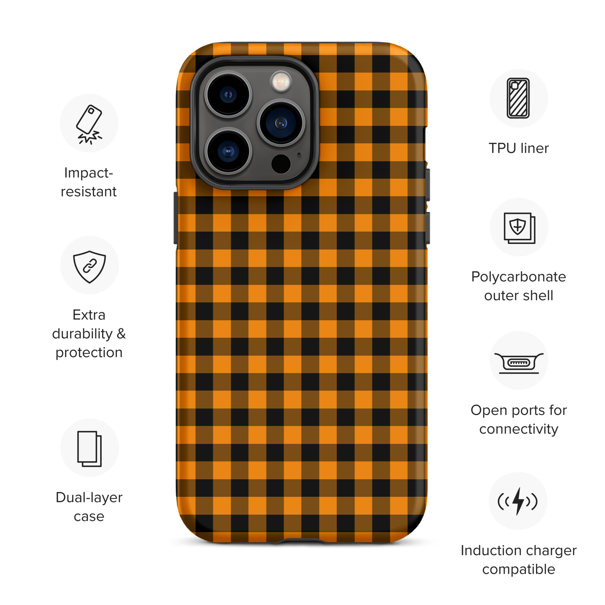 Black-and-orange gingham phone case for iPhone with Autumn theme, showcasing durability and modern style.
