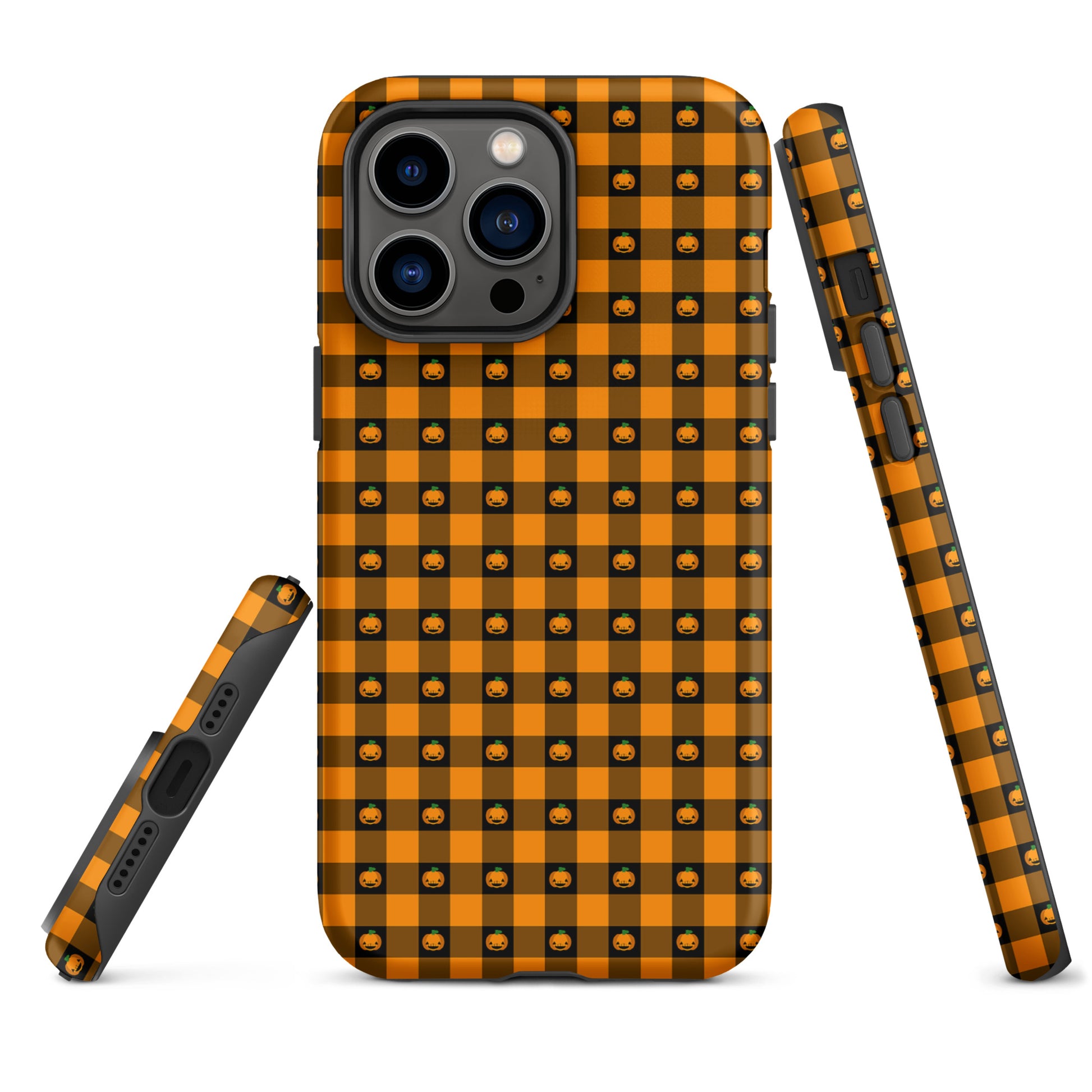 Phone Case for iPhone with Playful Pumpkin Gingham Halloween Design, festive jack-o'-lanterns on bold checkered pattern.