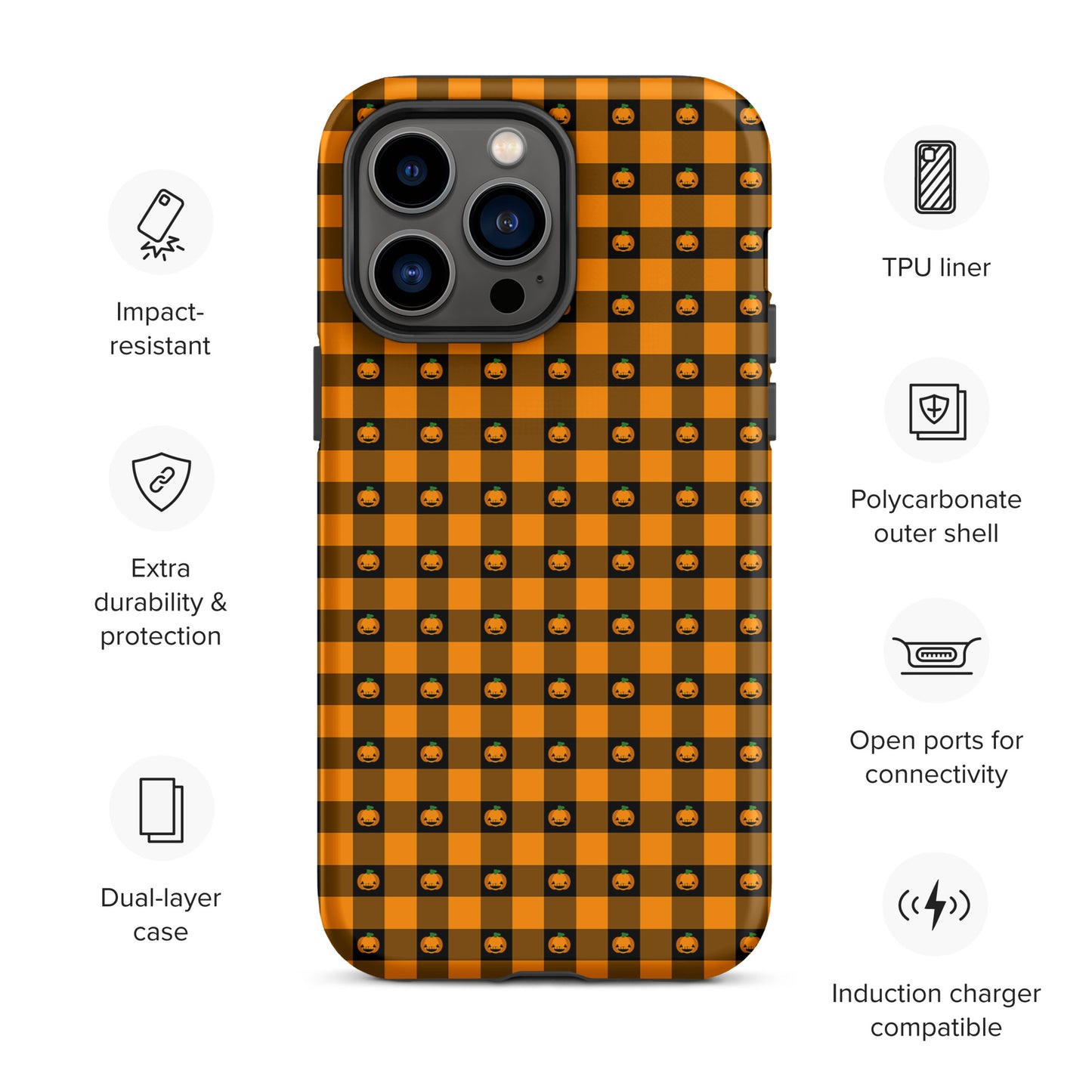 Phone Case with Playful Pumpkin Gingham Halloween Design for iPhone, featuring jack-o’-lanterns on an orange and black checkered pattern.