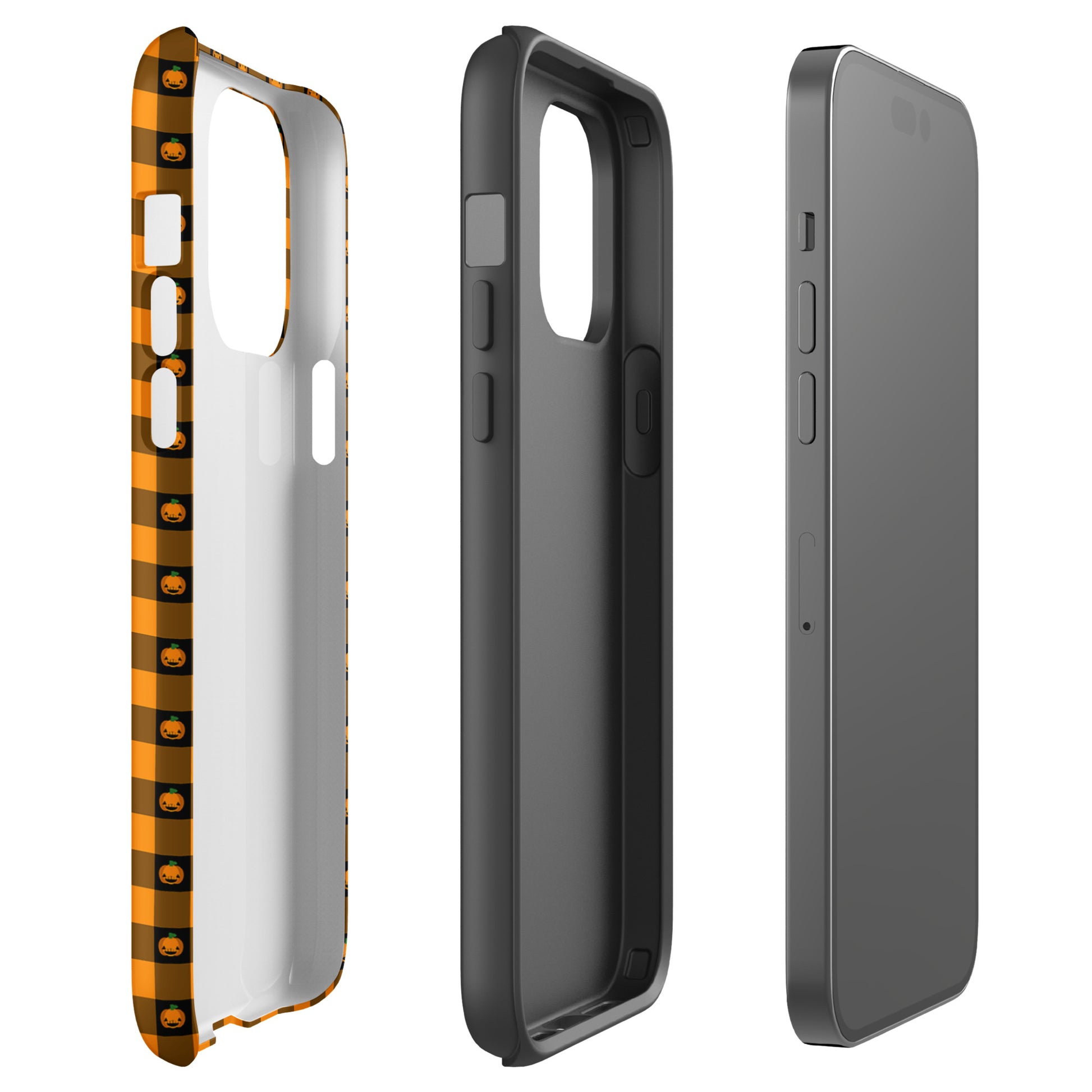 Phone Case for iPhone with playful pumpkin gingham Halloween design showcasing festive jack-o’-lantern pattern.