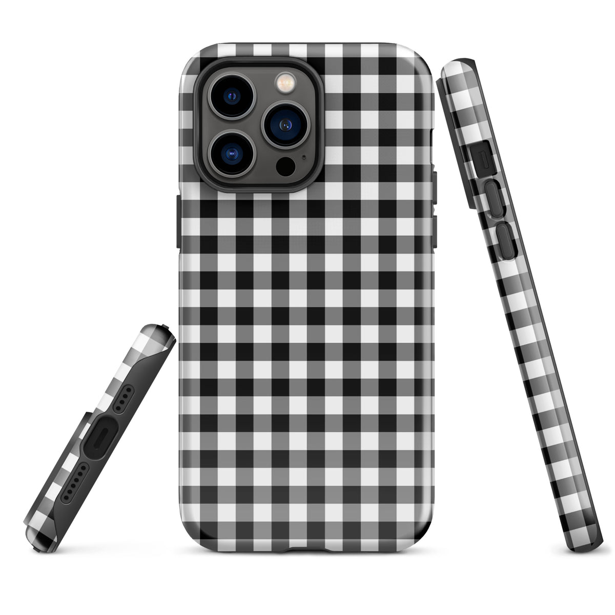 Phone Case for iPhone with black and white gingham pattern offering stylish charm and durability.