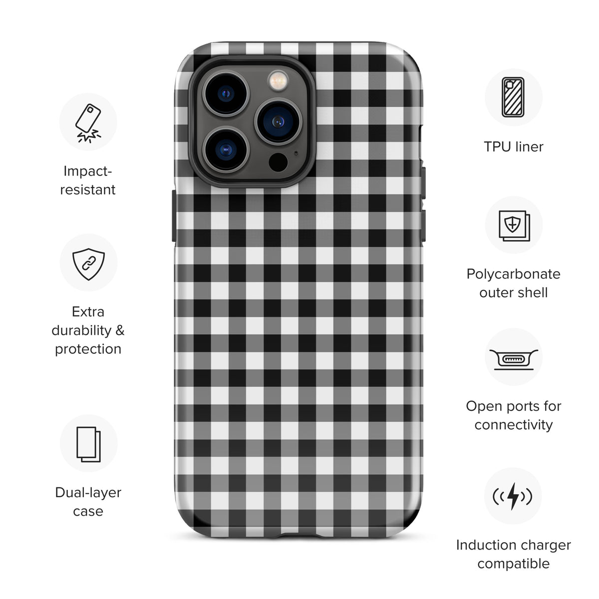 Phone Case with black and white gingham pattern offering impact resistance, extra durability, connectivity ports, and charge compatibility.