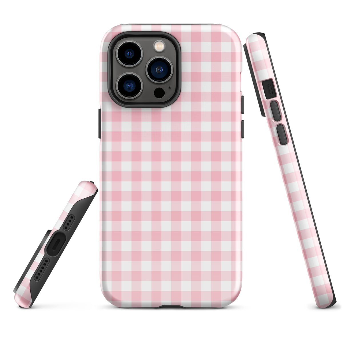 Phone Case for iPhone with pink and white gingham pattern offers durability and chic style