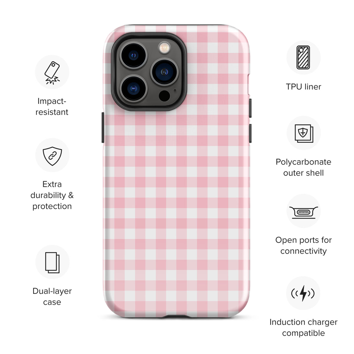 Phone Case for iPhone with pink and white gingham pattern, stylish and protective accessory with dual-layer and impact resistance.