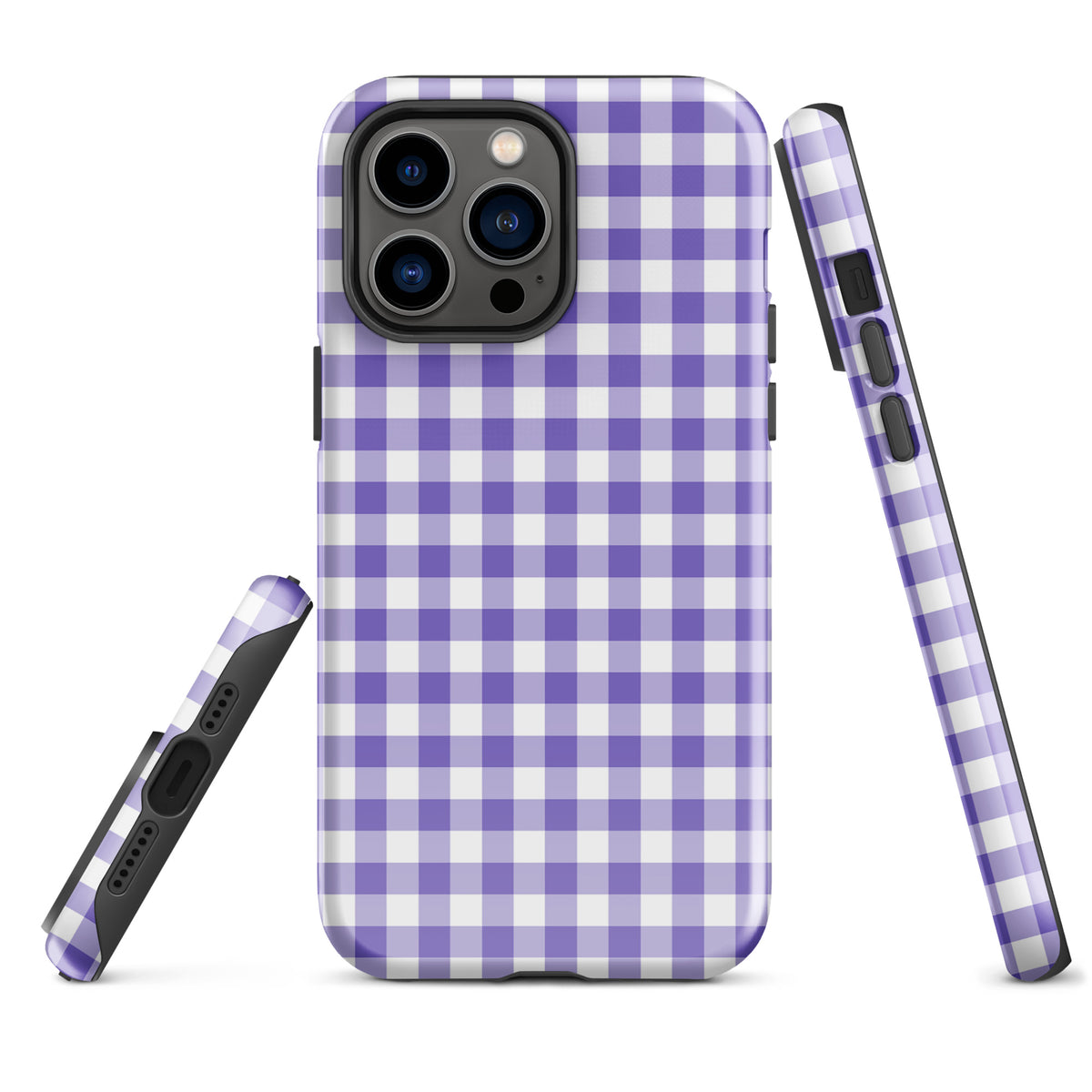 Stylish Phone Case with purple and white gingham pattern for iPhone, offering elegant design and durable protection.