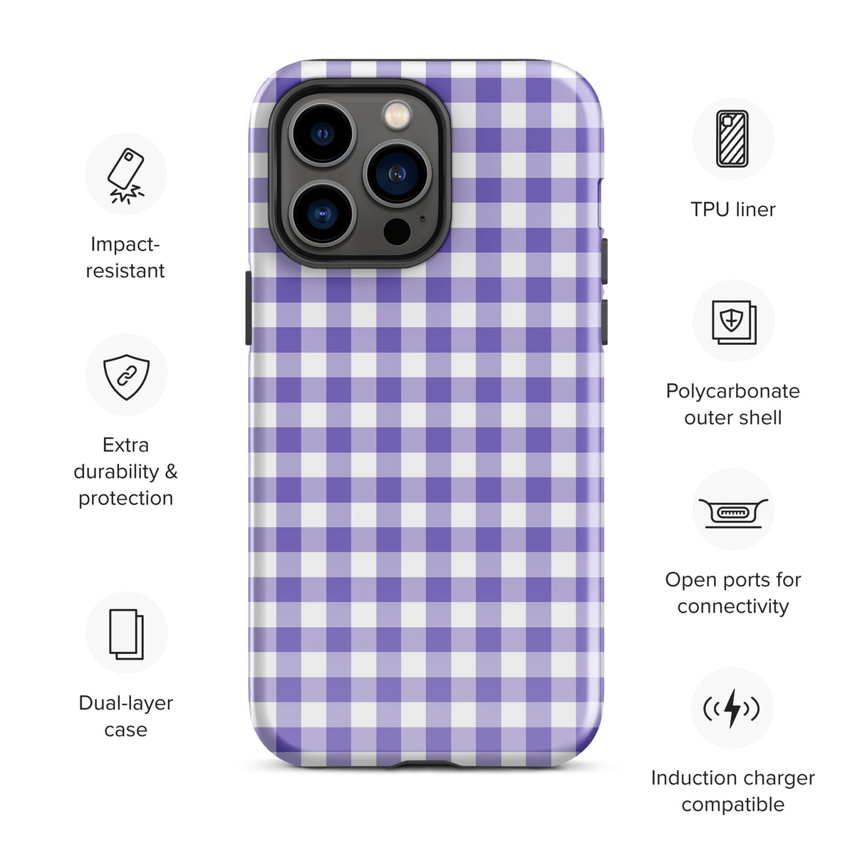 Phone Case for iPhone with purple and white gingham pattern, offers style and protection with impact-resistant dual-layer design.