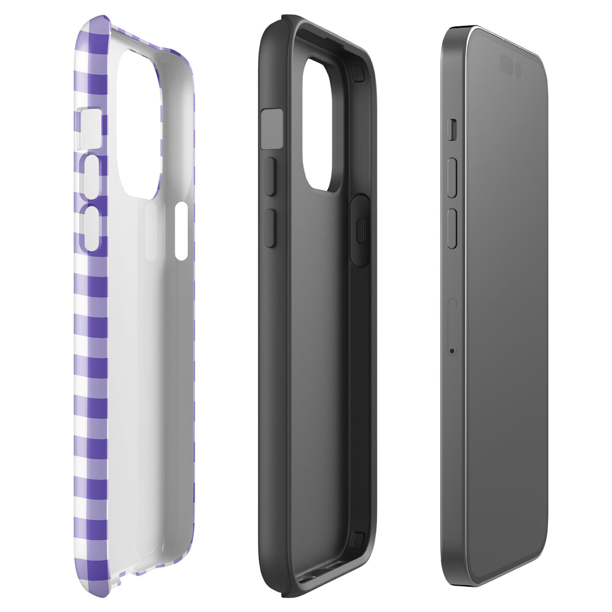 Phone Case for iPhone in purple/white gingham pattern offering style and protection, shown from multiple angles.