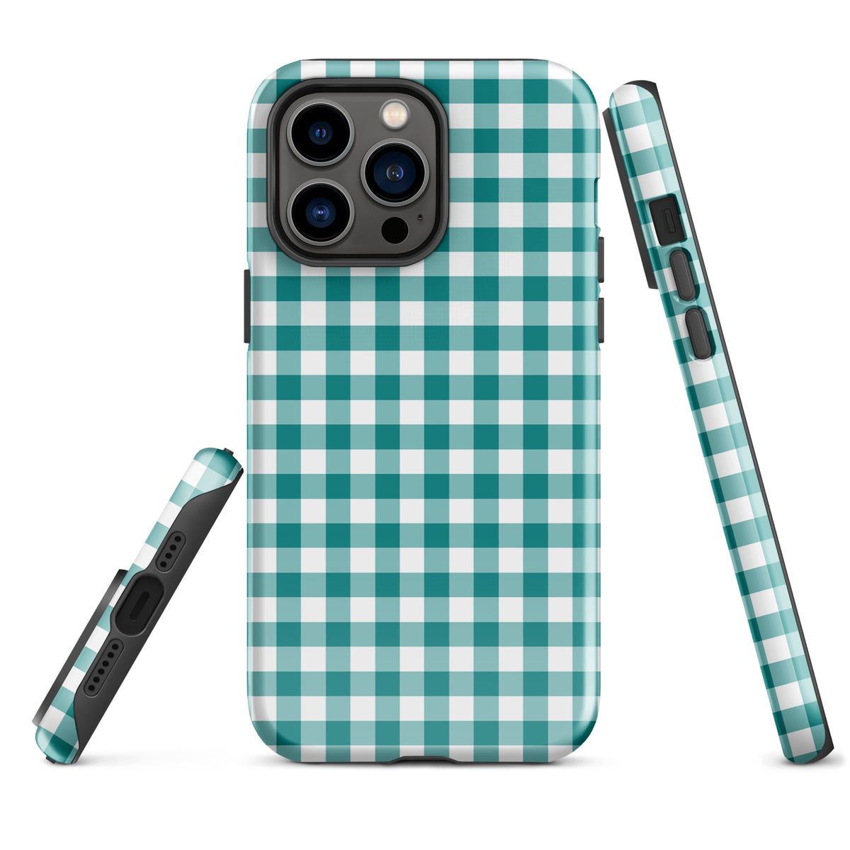 Phone Case for iPhone in teal and white gingham pattern, offering style and protection