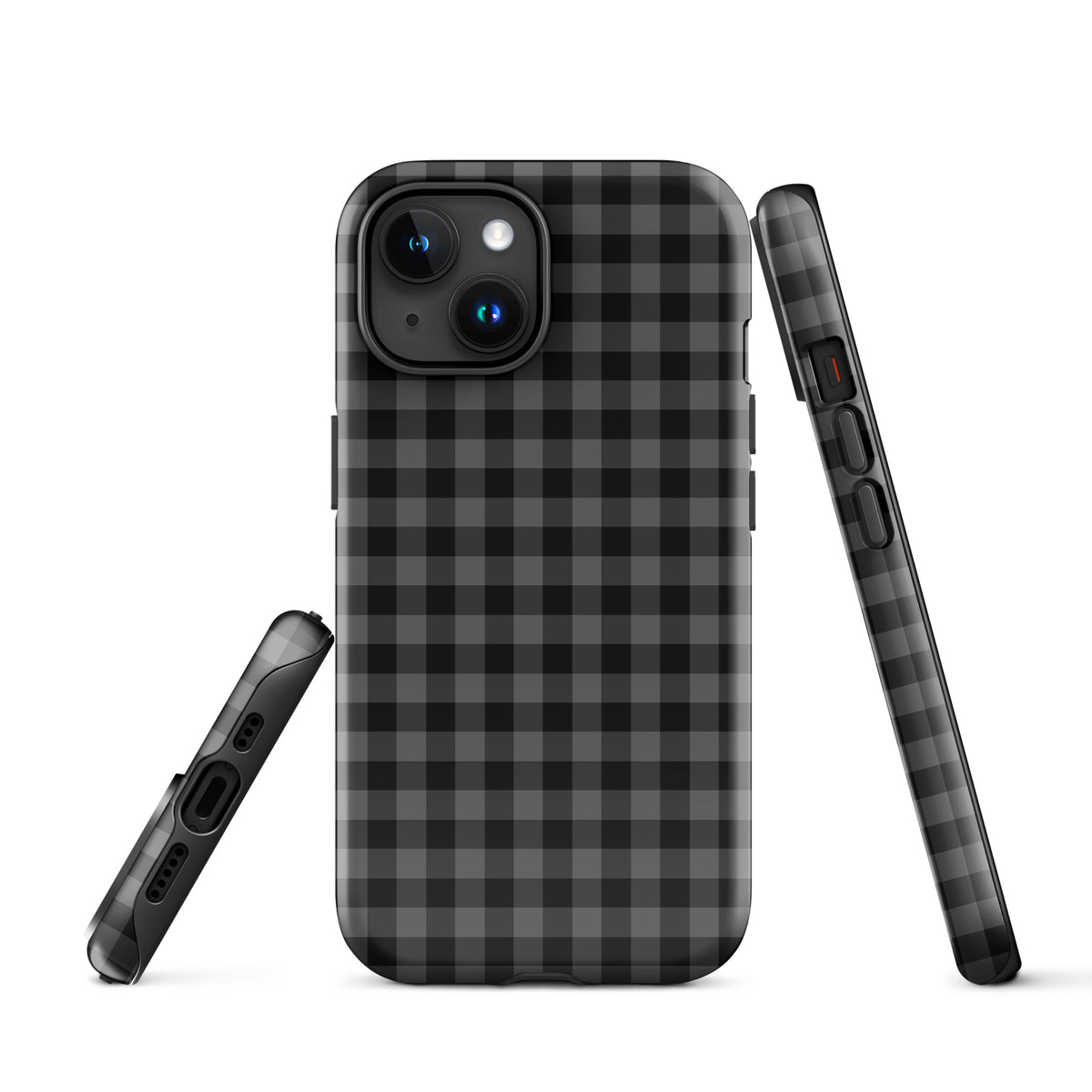Phone Case in black and charcoal gingham pattern for iPhone, offering modern style and durable luxury.