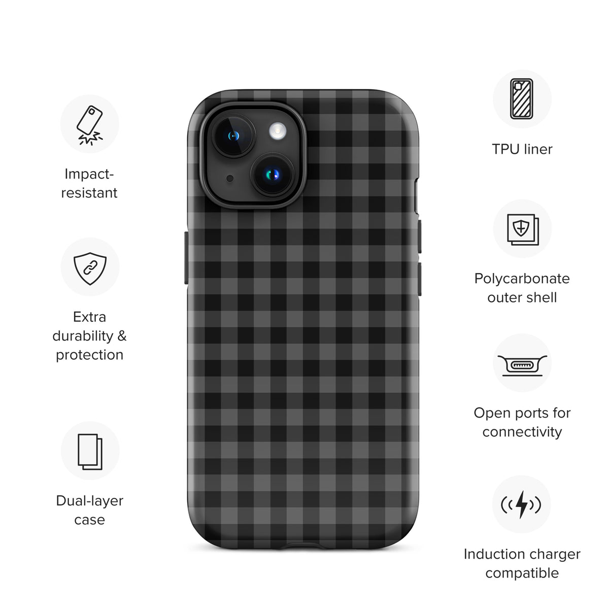 Phone Case with black charcoal gingham pattern provides style and protection for iPhone with a dual-layer design, TPU liner, and open ports.