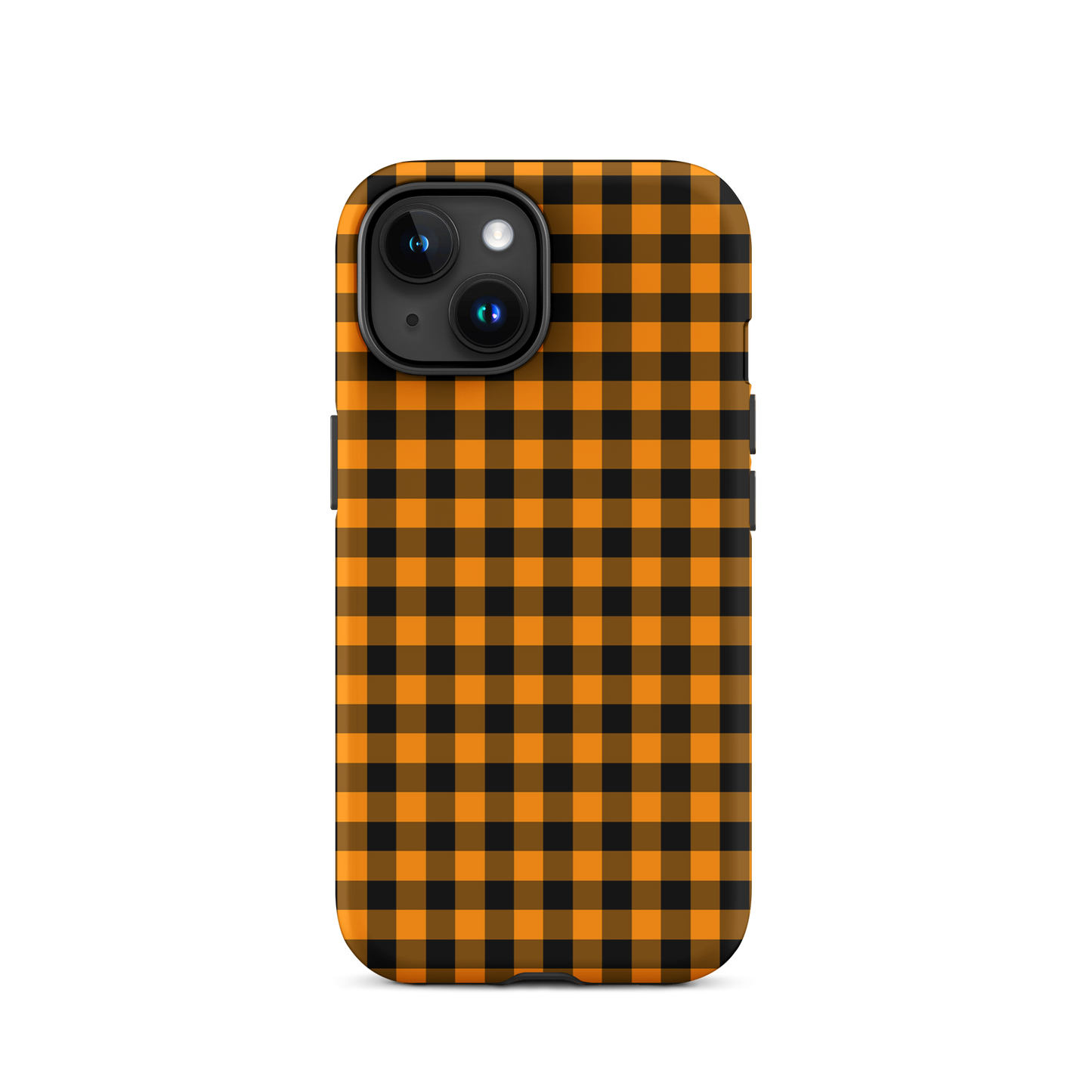 Black-and-orange gingham phone case for iPhone with autumn theme, featuring durable design and luxury craftsmanship.