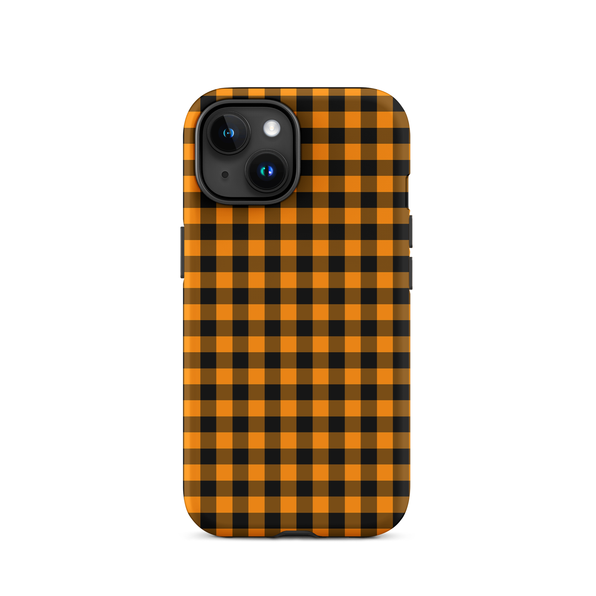 Black-and-orange gingham phone case for iPhone with autumn theme, featuring durable design and luxury craftsmanship.