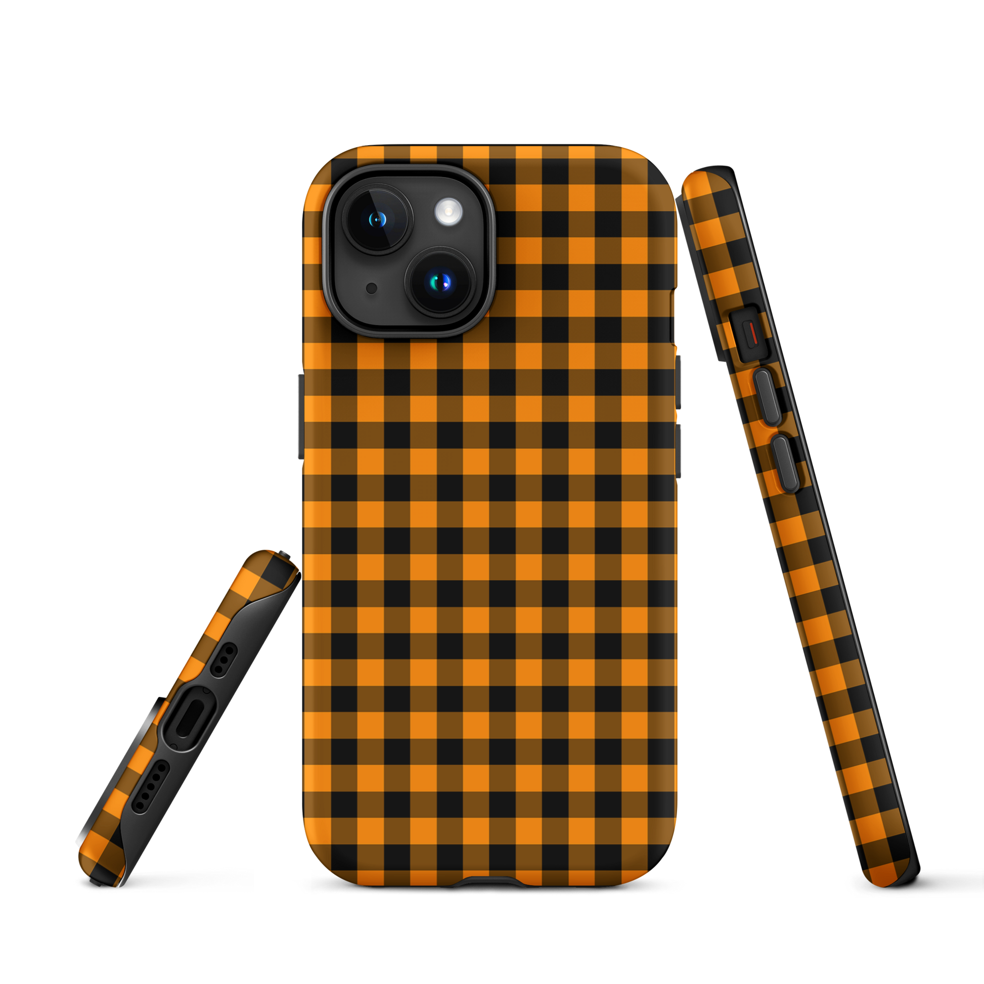 Black-and-orange gingham phone case for iPhone with autumn theme, showcasing stylish design and luxury craftsmanship.