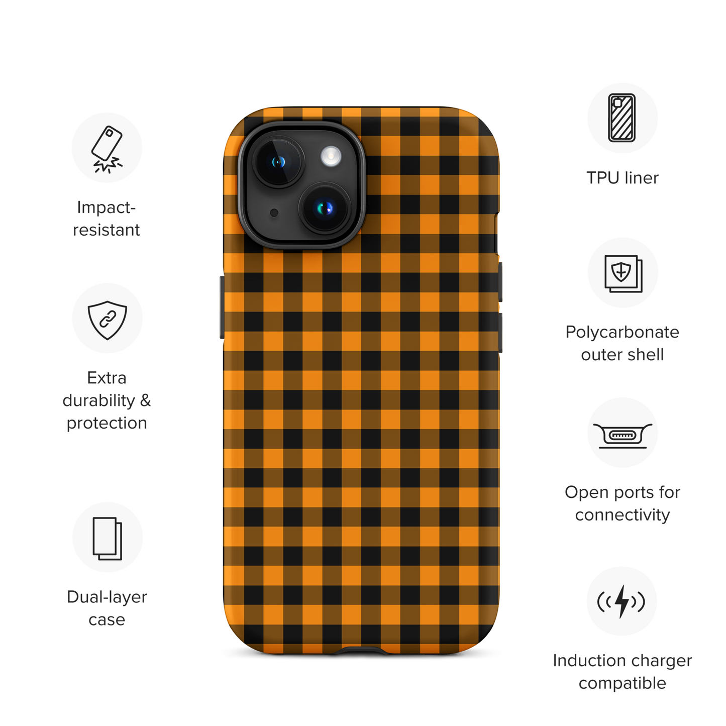 Black-and-orange gingham phone case for iPhone with autumn theme, featuring durable design and wireless charging compatibility.