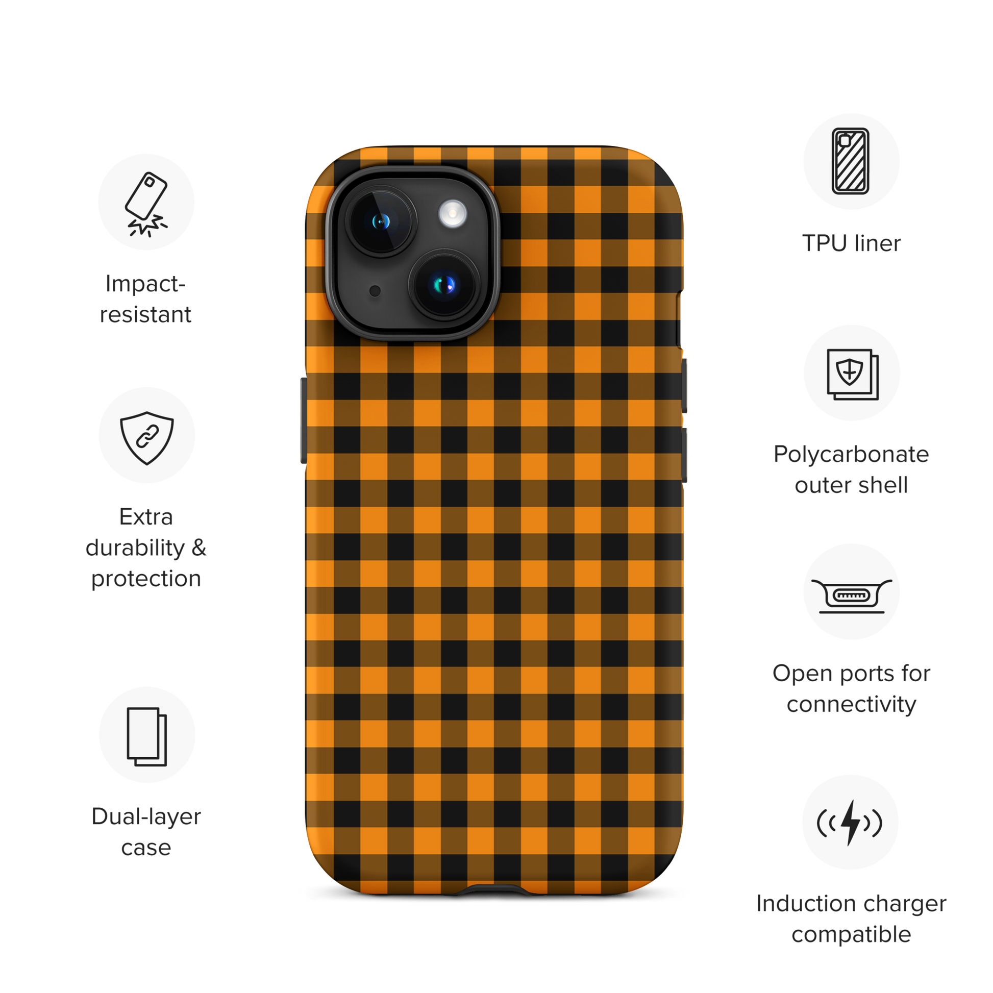 Black-and-orange gingham phone case for iPhone with autumn theme, featuring durable design and wireless charging compatibility.