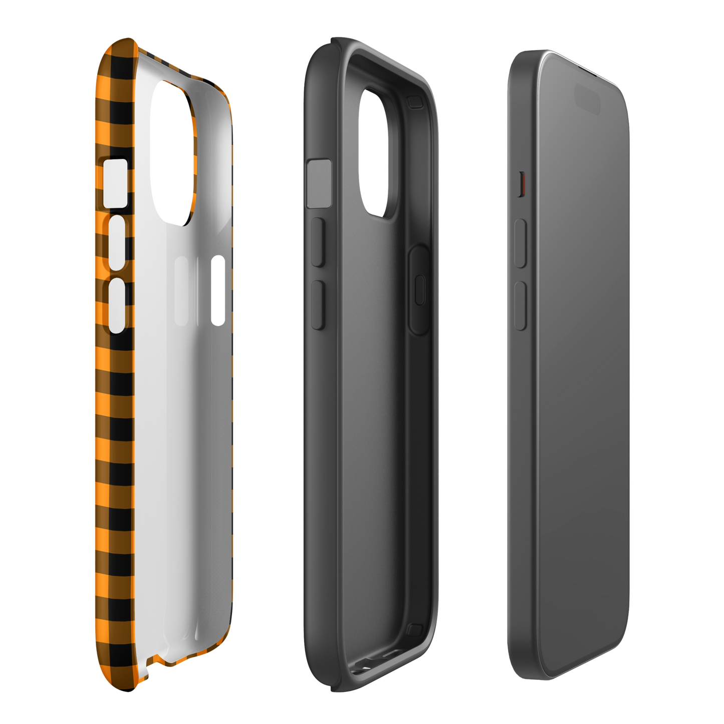 Black-and-orange gingham Autumn theme phone case for iPhone, showcasing chic design and durability in playful, stylish layers.