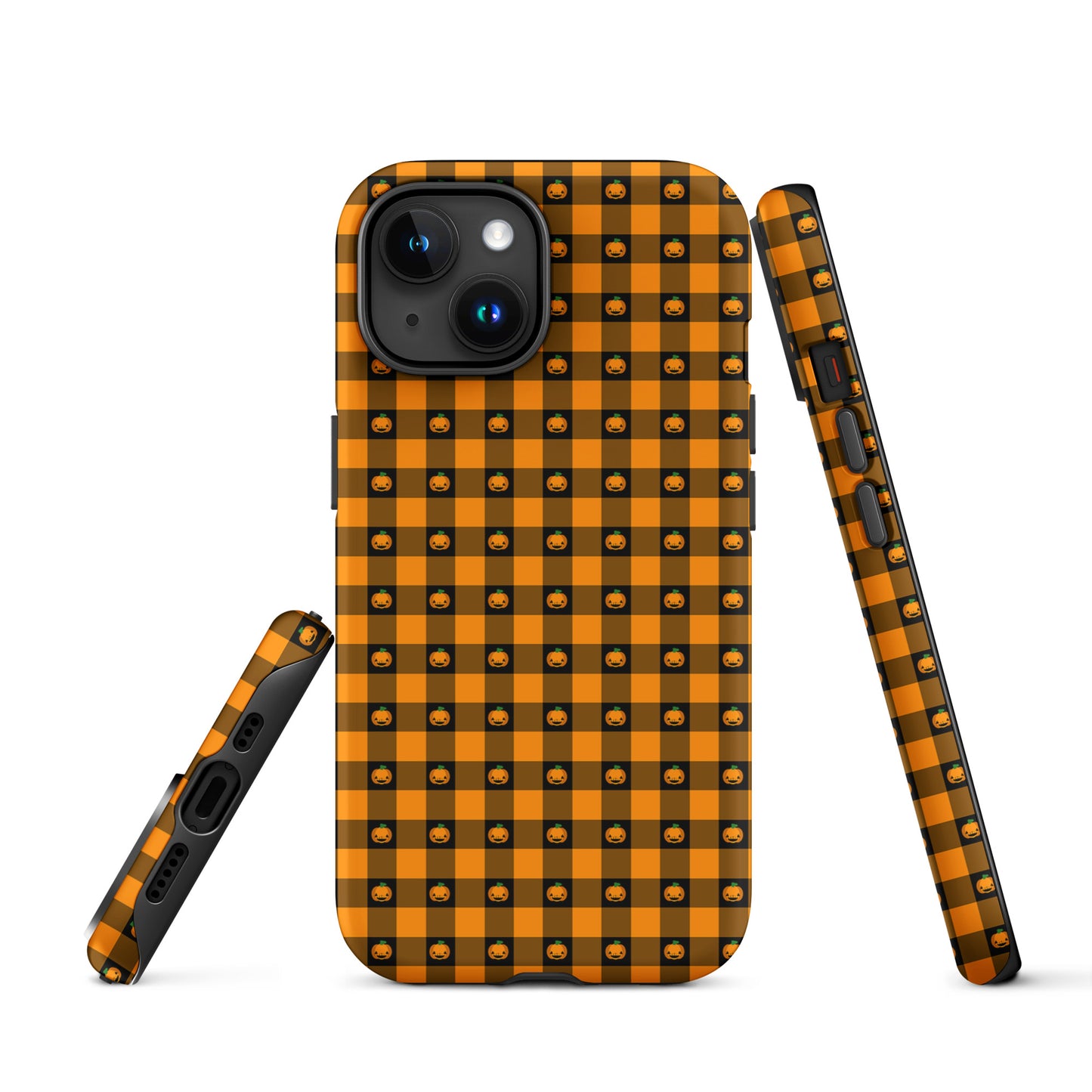 Phone Case for iPhone with playful pumpkin gingham Halloween design and jack-o’-lantern faces, festive and quirky accessory for the season.