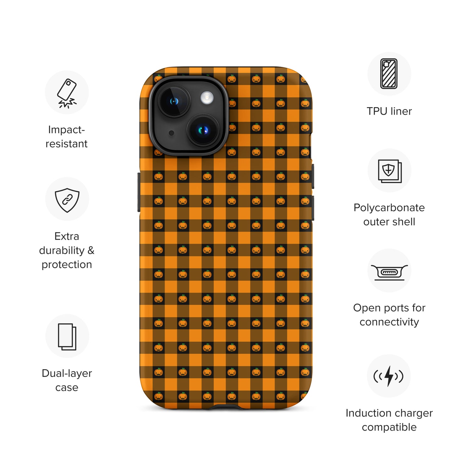 Phone Case with playful pumpkin gingham design for Halloween, featuring jack-o’-lanterns on orange and black checkered pattern.