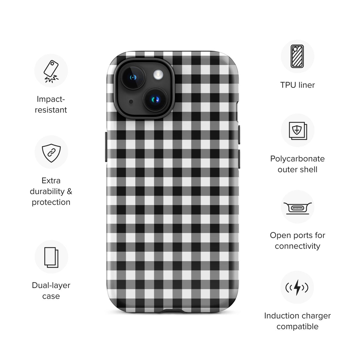 Phone Case for iPhone with black and white gingham pattern, featuring impact resistance, polycarbonate shell, and connectivity ports.