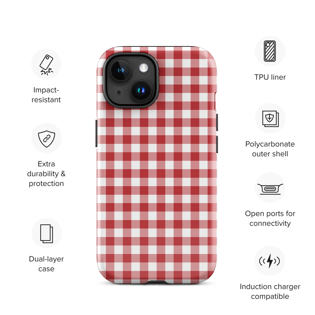 Phone Case for iPhone with red and white gingham pattern, featuring dual-layer design, impact resistance, and open port access.