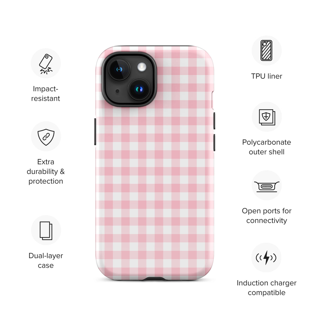 Phone Case for iPhone with pink and white gingham pattern, stylish design with impact-resistant and dual-layer protection features.