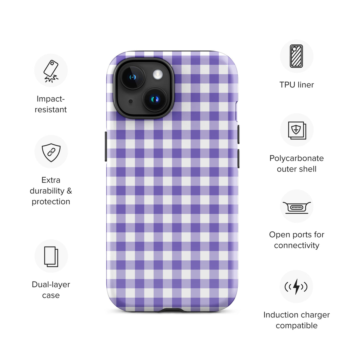Phone Case with purple and white gingham pattern for iPhone, features impact-resistant dual-layer design and connectivity ports.