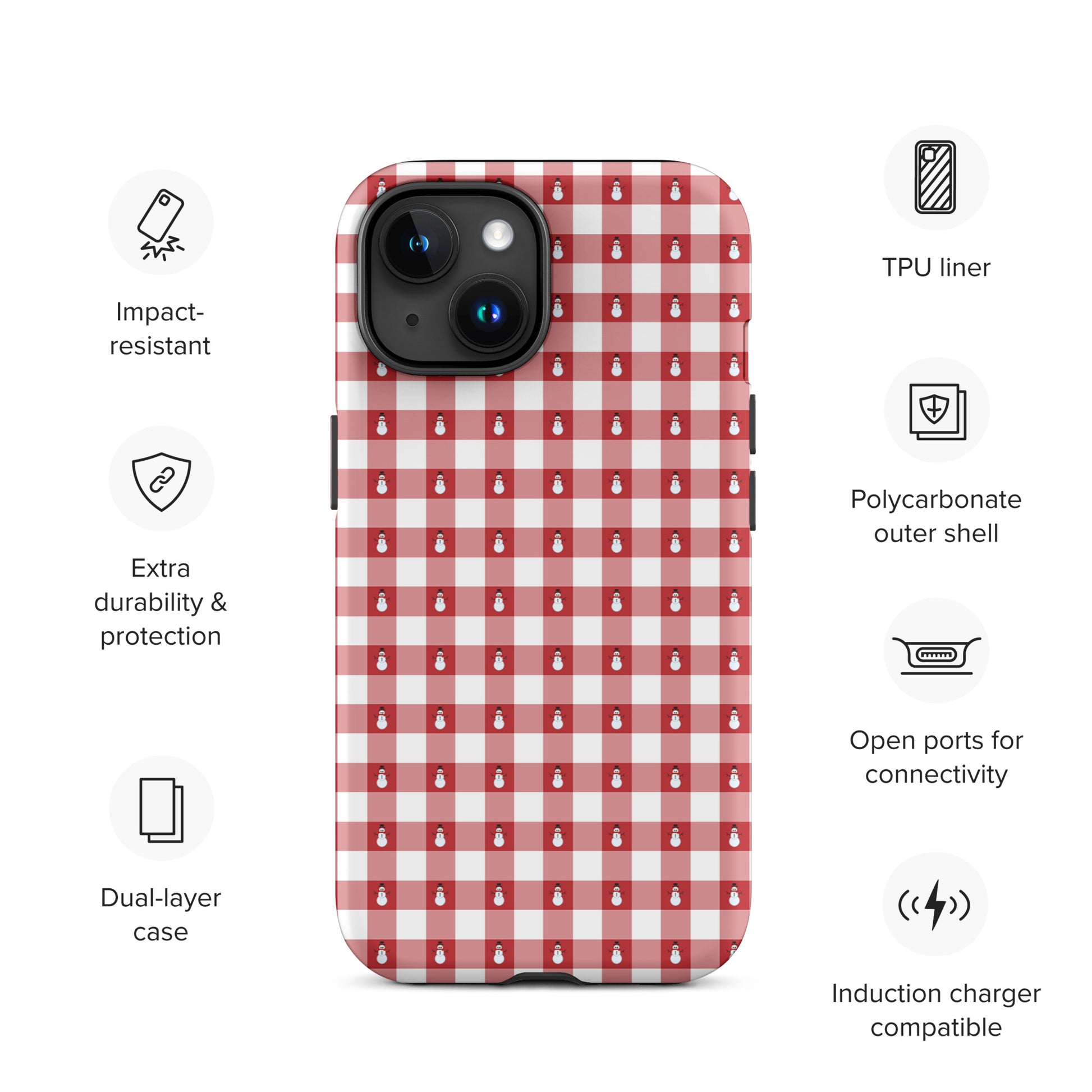 Phone Case with snowman gingham winter design for iPhone, featuring festive red and white pattern, durable and stylish protection.