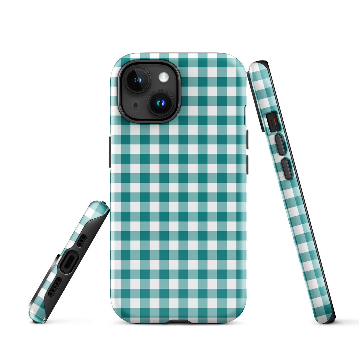 Phone Case for iPhone with teal and white gingham pattern, chic and durable