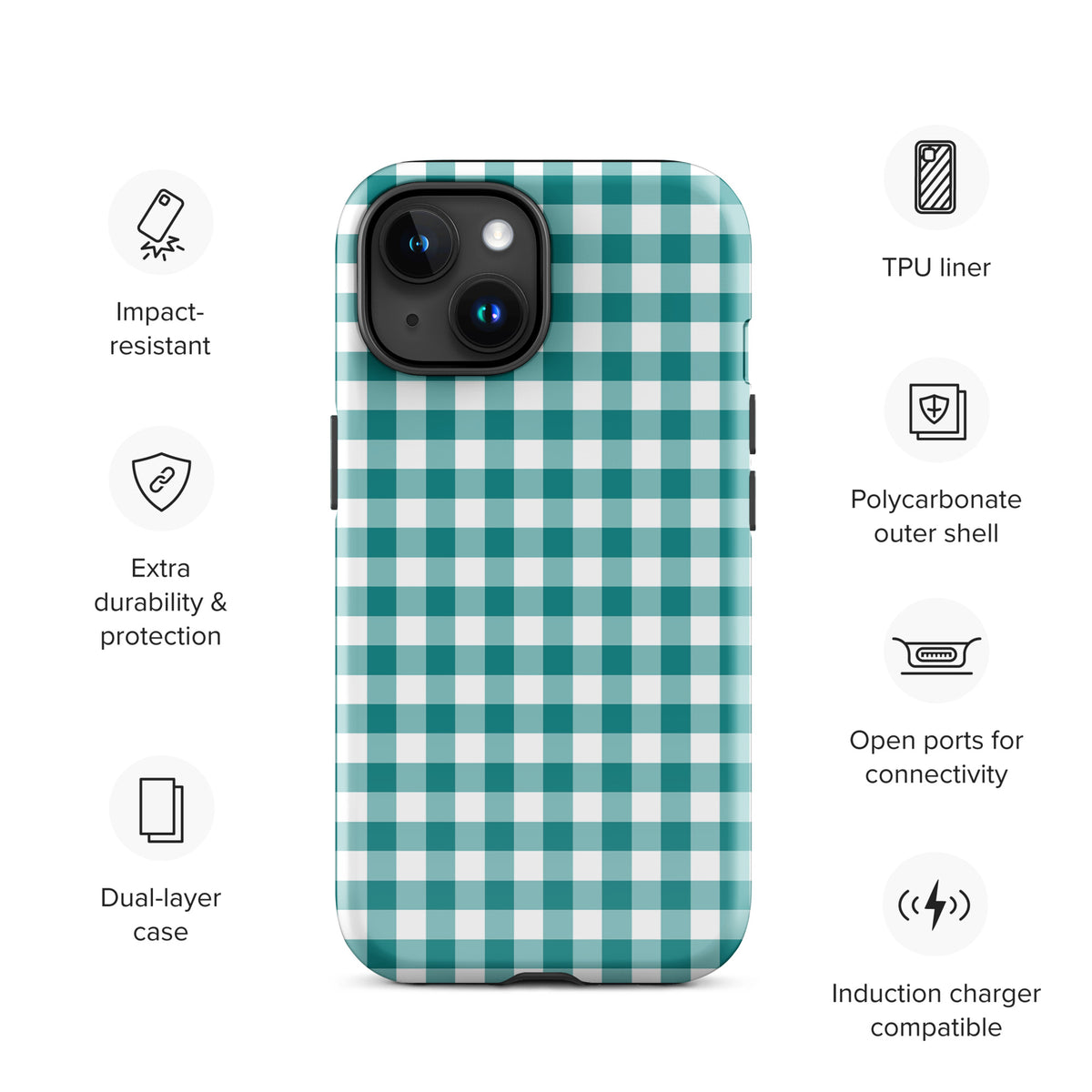 Phone Case for iPhone in teal and white gingham pattern with impact-resistant features and open ports.