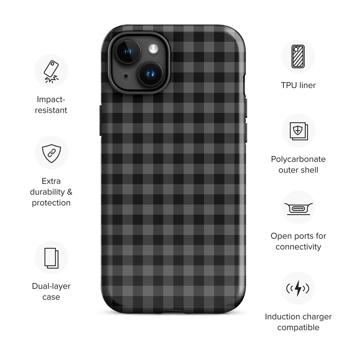 Phone Case for iPhone with black and charcoal gingham pattern, impact-resistant design, dual-layer protection, and open ports.