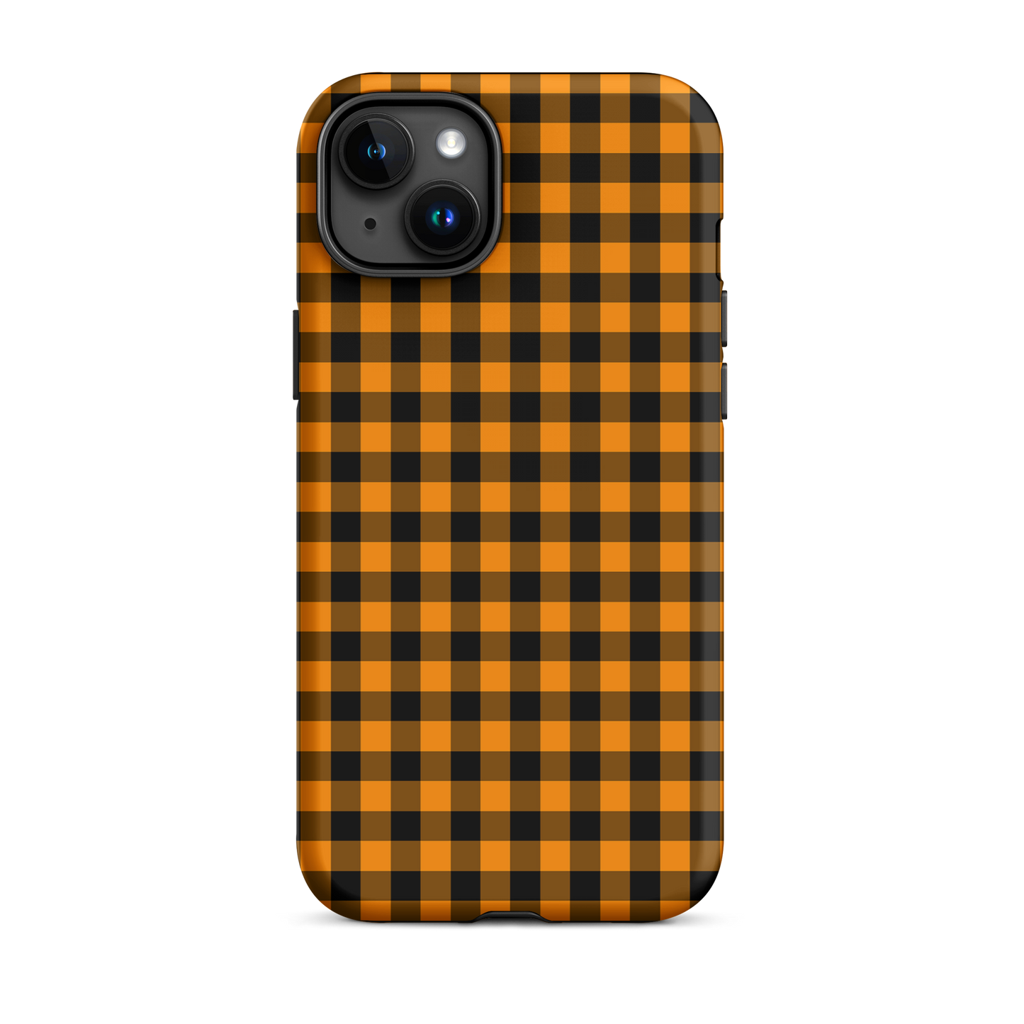 Black-and-orange gingham iPhone phone case with Autumn theme design showcasing durability and stylish modern pattern.