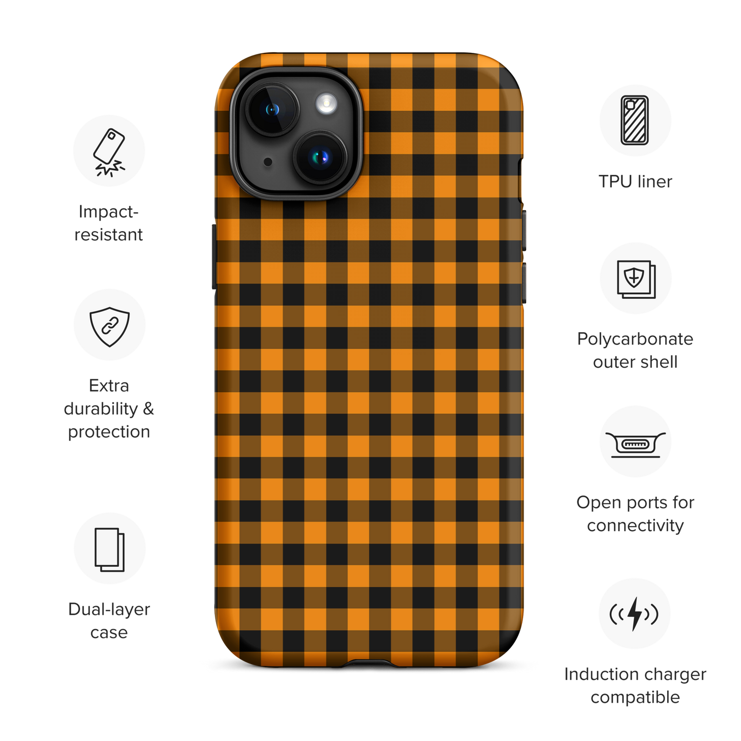 Black-and-orange gingham phone case for iPhone in autumn theme with icons showing durability, protection, and tech compatibility.
