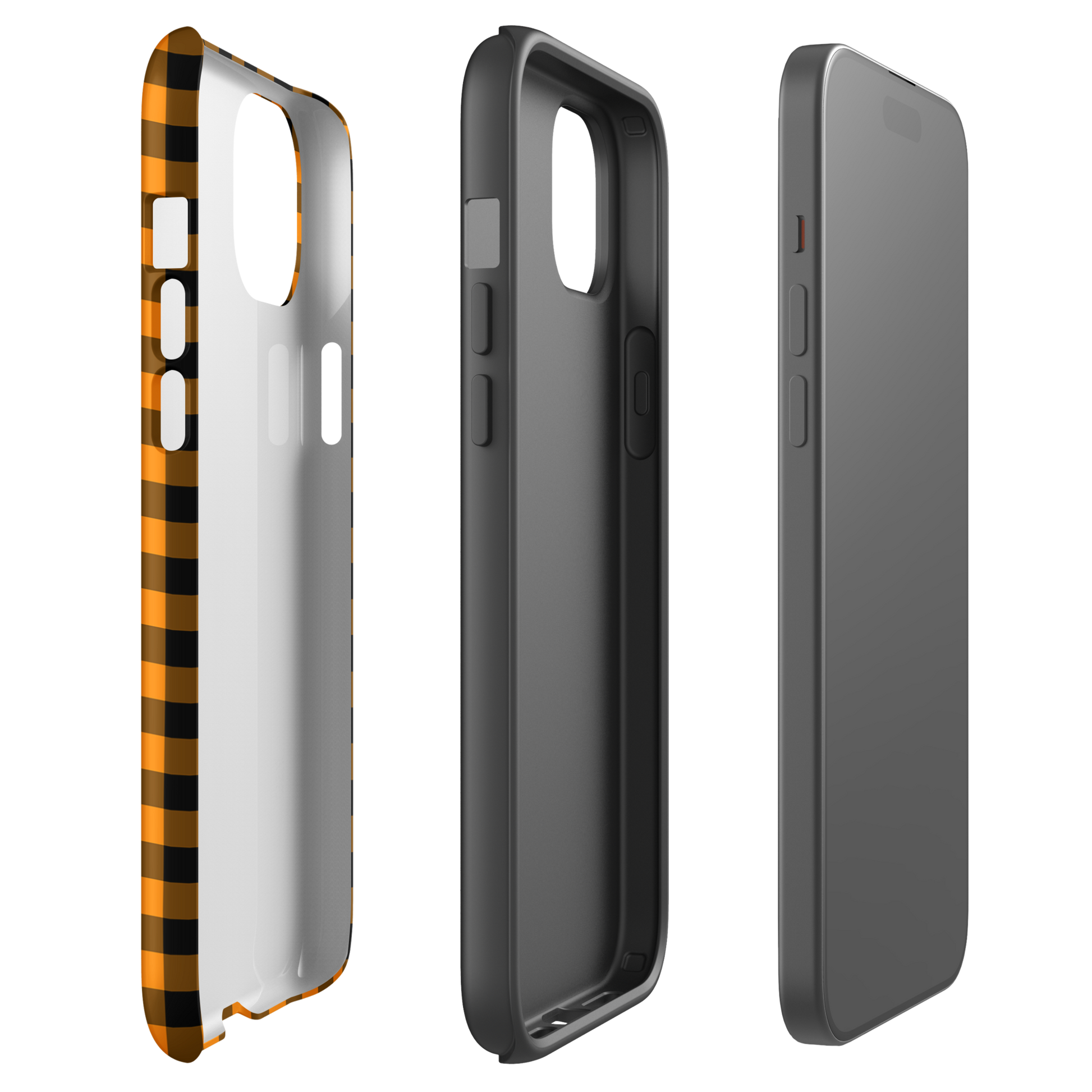 Black-and-orange gingham phone case for iPhone with autumn theme, showcasing durable and stylish design for tech accessories.