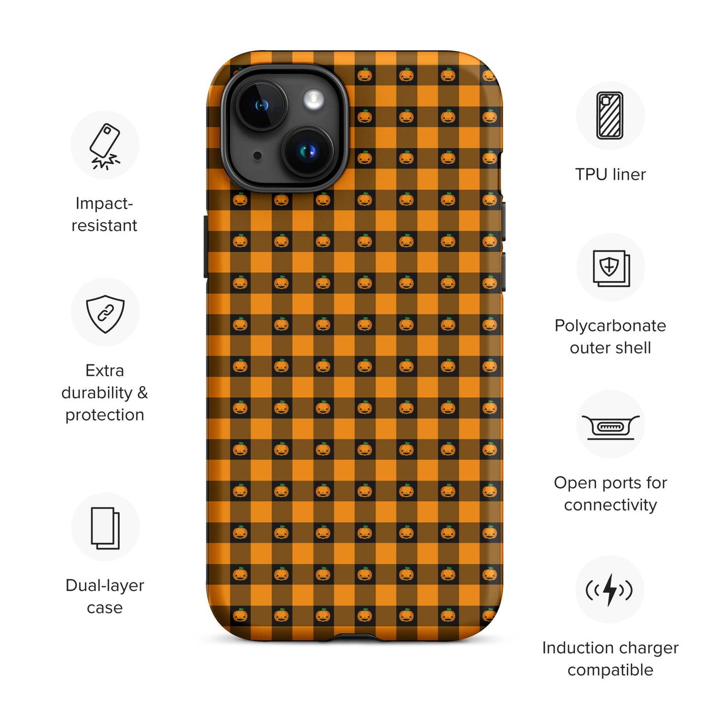 Phone Case for iPhone with Playful Pumpkin Gingham Halloween Design, impact-resistant, polycarbonate, and dual-layer case.