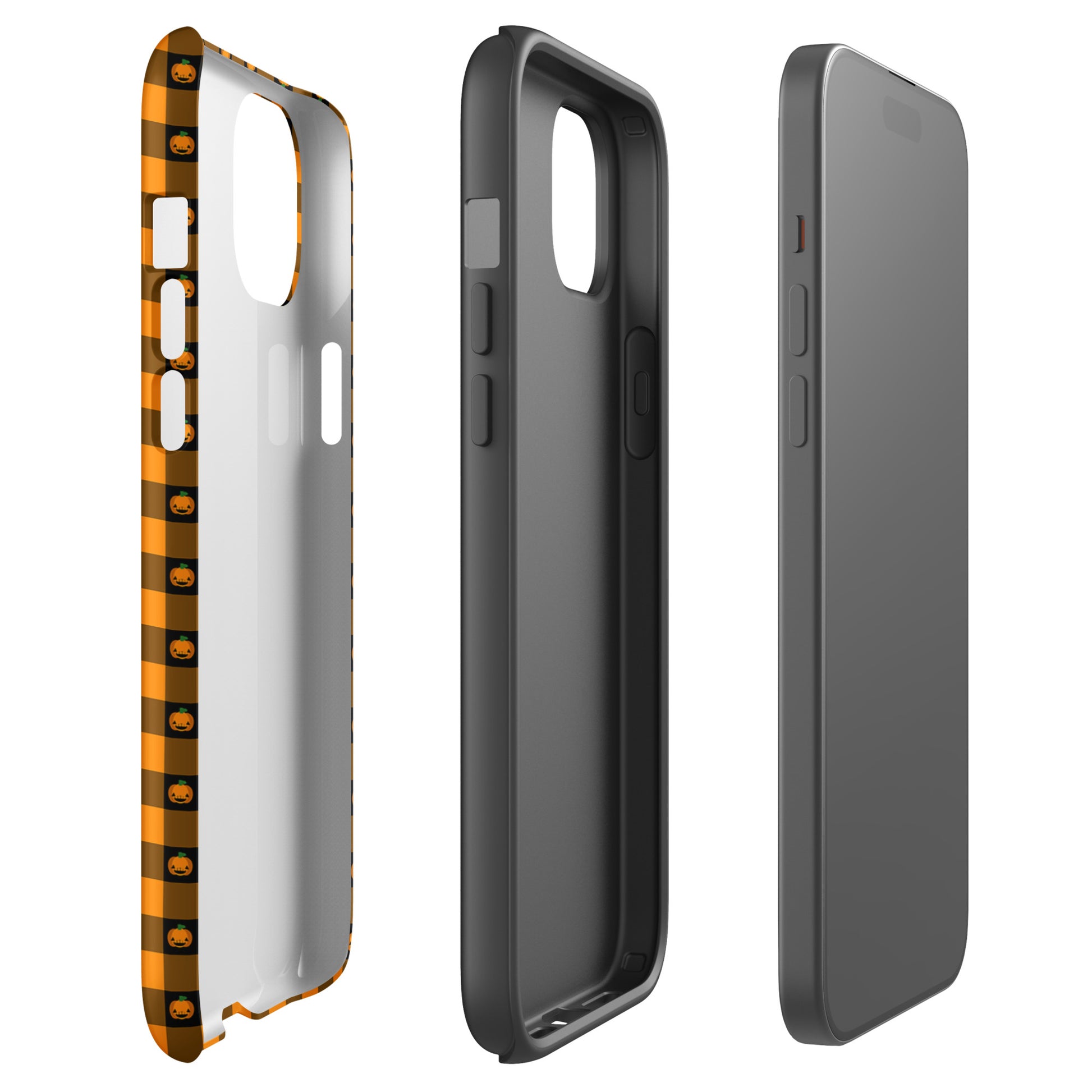 Phone Case for iPhone with playful pumpkin gingham Halloween design, featuring jack-o-lantern faces on a bold checkered pattern.