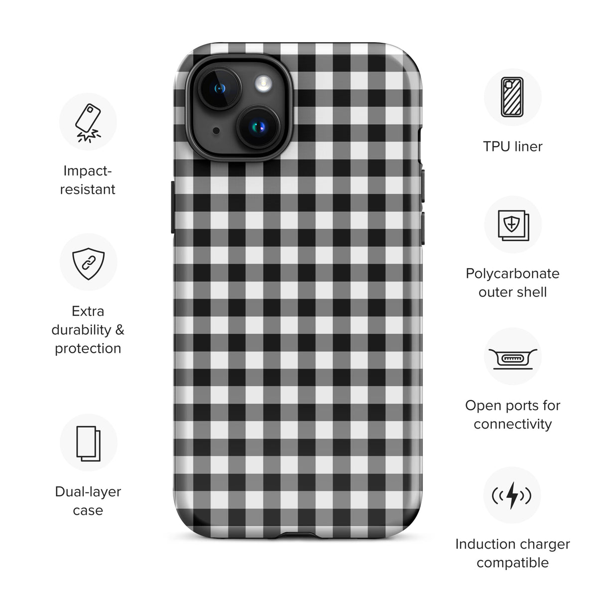 Phone Case for iPhone with black and white gingham pattern, featuring impact resistance and TPU liner for durability and style.